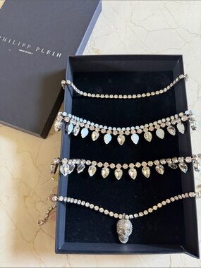 Philipp Plein set of 4 Silver Crystal Choker/ Necklaces  - Clear Crystal